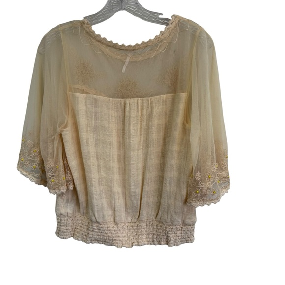 Free People 100% Cotton Boho Blouse Ivory Floral Embroidered Beaded Top Size S - Picture 2 of 11